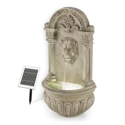 Löwenstein Wandbrunnen Gartenbrunnen Solar 2W LED Polyresin Steinoptik -Gartendekorations Geschäft 10031400 yy 0005 front Blumfeldt Loewenstein Wandbrunnen 2W Steinoptik
